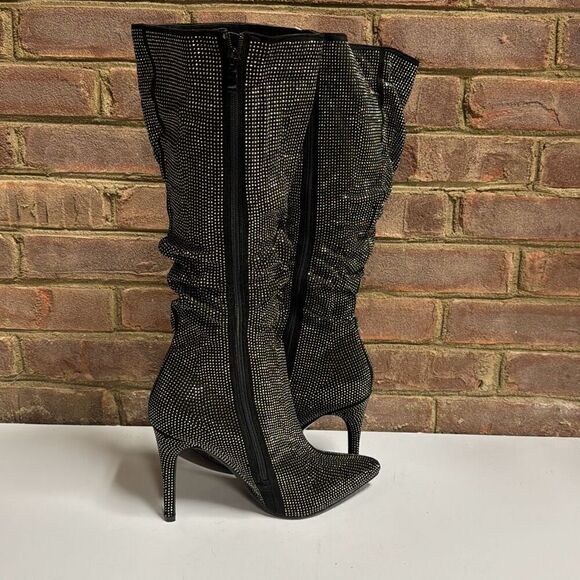 Mata Black Silver Sparkle Slouch Pointed Toe Heeled Boot Size 10 NEW - Picture 5 of 10
